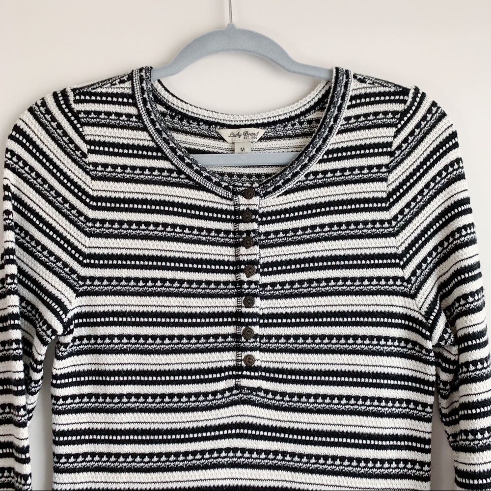 LUCKY BRAND Chloe Striped Thermal Henley Top Waffle Knit Black White Size Medium - Picture 3 of 6